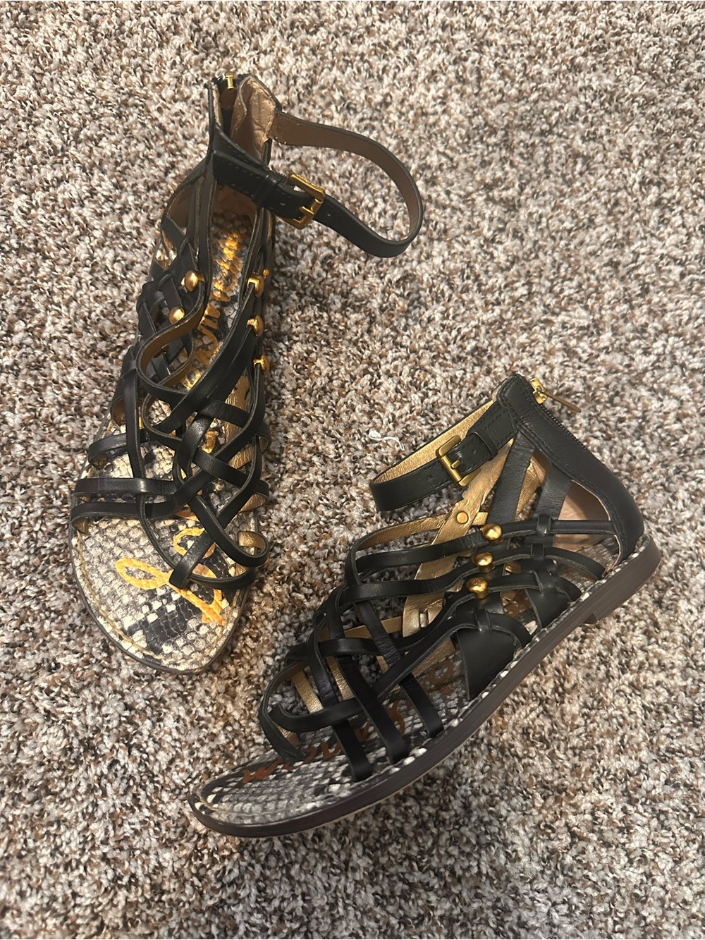 Sam Edelman Black Leather Strappy Gladiator Sandals with Gold Hardware